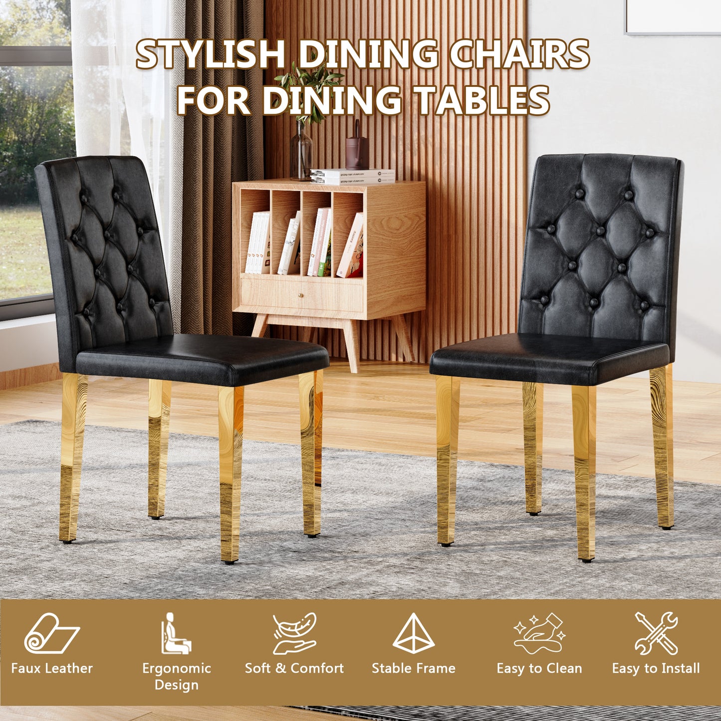 2-pack Black PU Dining Chairs,Ergonomic Buckle Backrest, 35 Inches