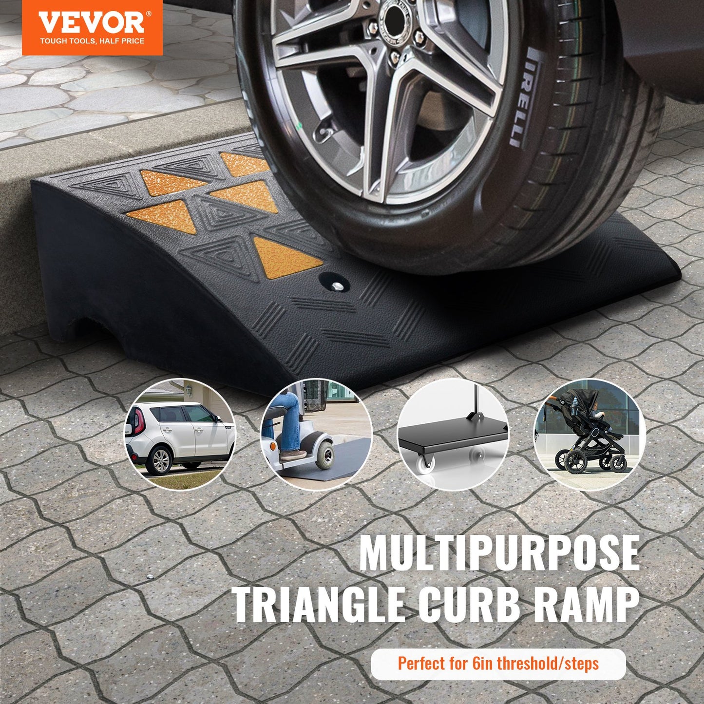 Heavy Duty Rubber Curb Ramp for Vehicles & Wheelchairs - 6' Rise, 14.6' Width, 19.3' Length, Black