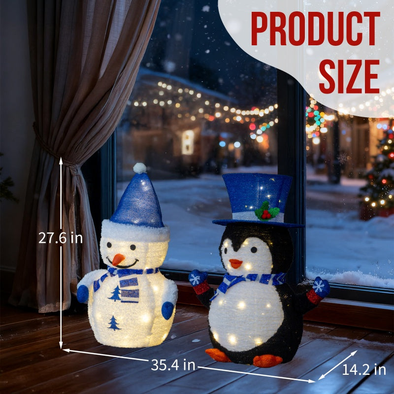 Set of 2 Lighted Plush Penguin and Snowman Christmas Decorations
