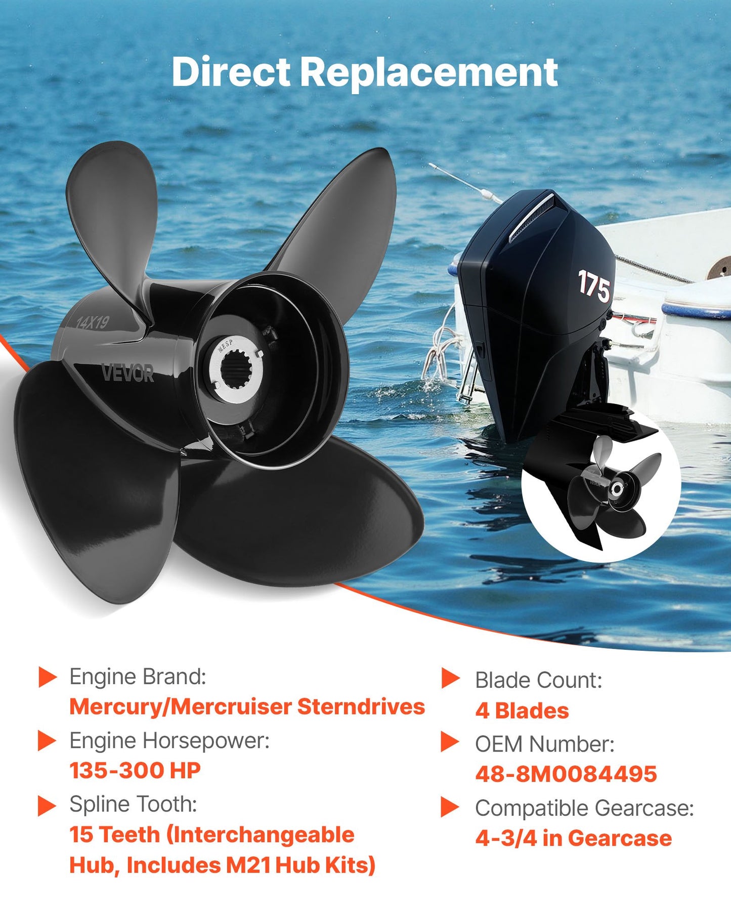 Outboard Propeller 15 Spline Aluminum RH 4-Blade Fit Mercury/Mariner Engines 135-300 HP