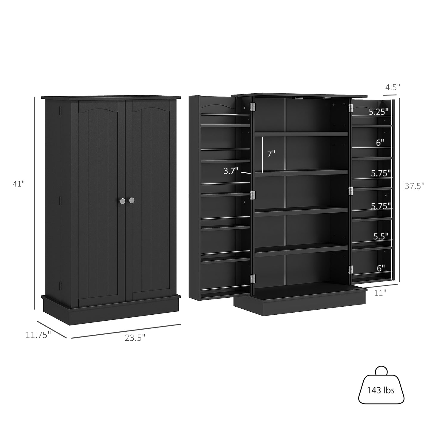 Freestanding Kitchen Pantry Cabinet with 5-Tier Shelving - Black