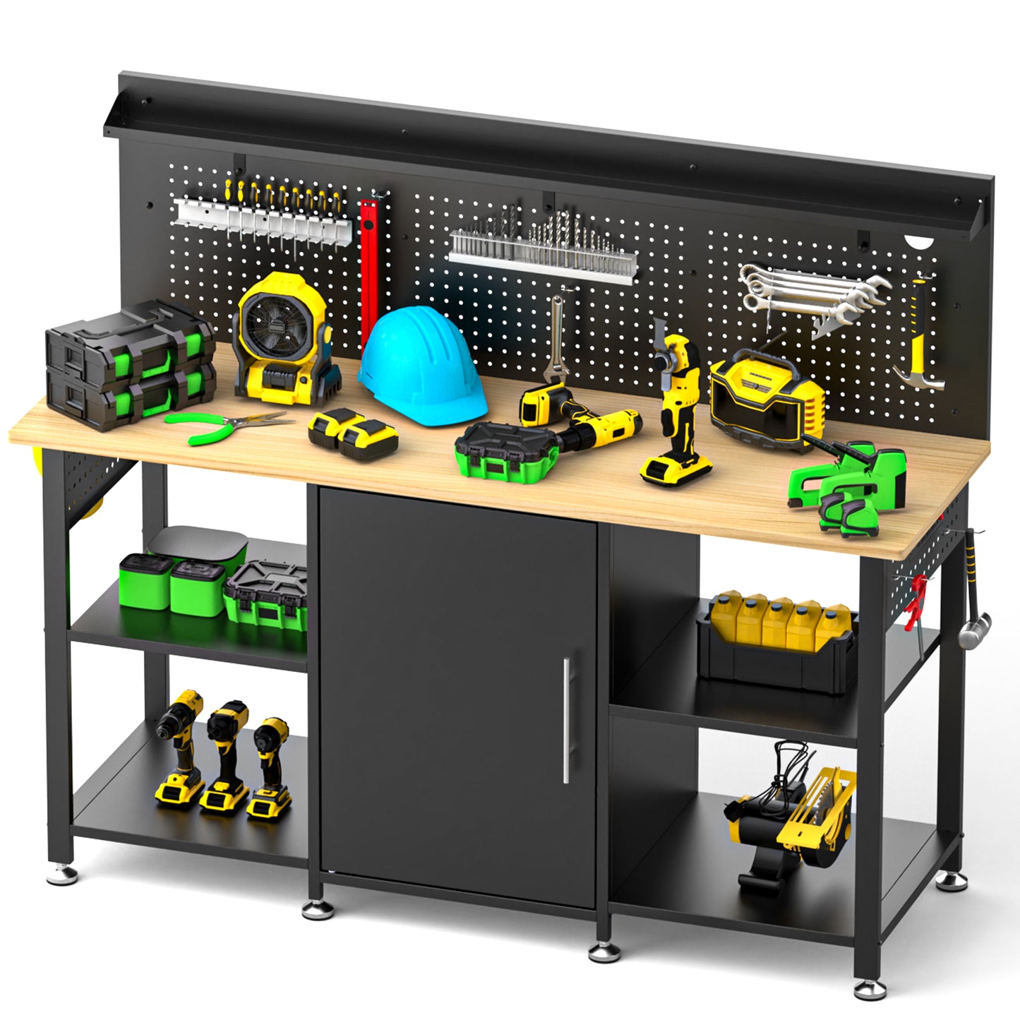 Heavy Duty Workbench with Storage Cabinet and Pegboard - 60 Inch Garage Table