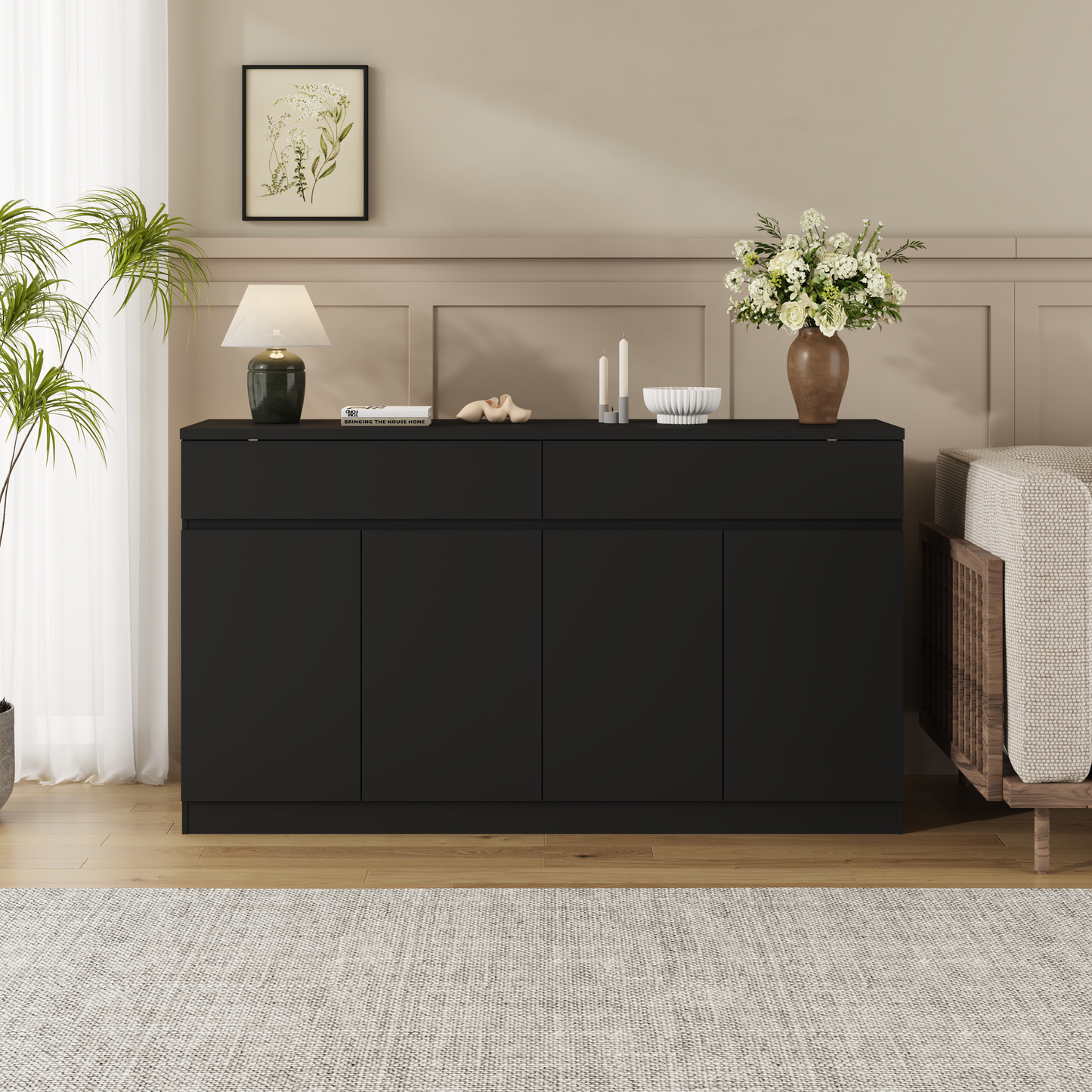 Large Black Sideboard Buffet Cabinet with Storage & 2 Drawers