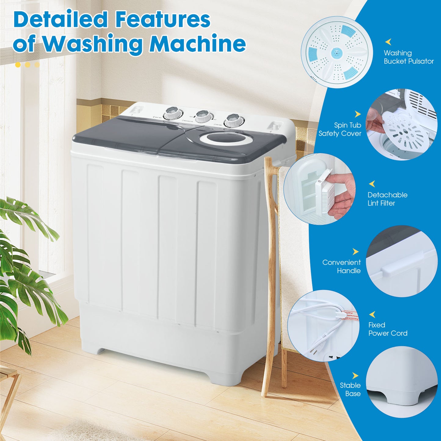 Grey28lbs Portable Washing Machine With 18lbs Wash And 10lbs Spin,