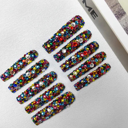 Long Press-On Nails - Baroque Glass Mosaic Design Reusable Acrylic Set