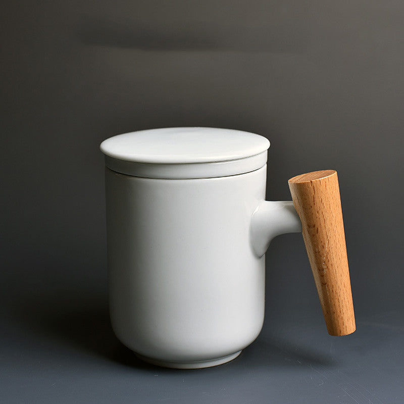 Ceramic Water Cup with Lid & Wooden Handle Large Capacity Drinkware