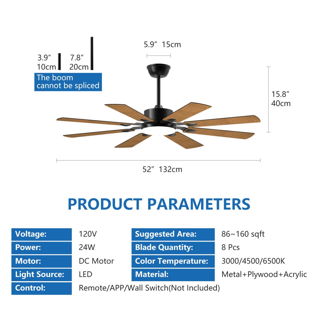 52-Inch Ceiling Fan with Lights and Remote, Reversible DC Motor, 8 Blades, Black