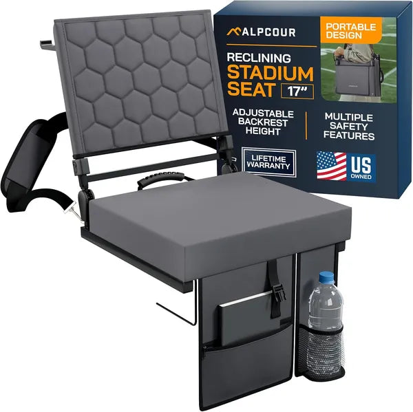 Folding Reclining Stadium Seat with Back Support - Grey
