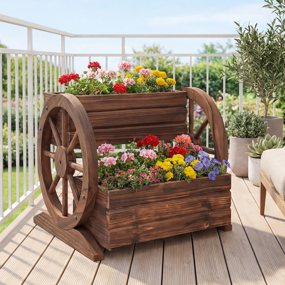 2-Tier Rustic Wood Garden Bed with Drainage & Wheels - Coffee