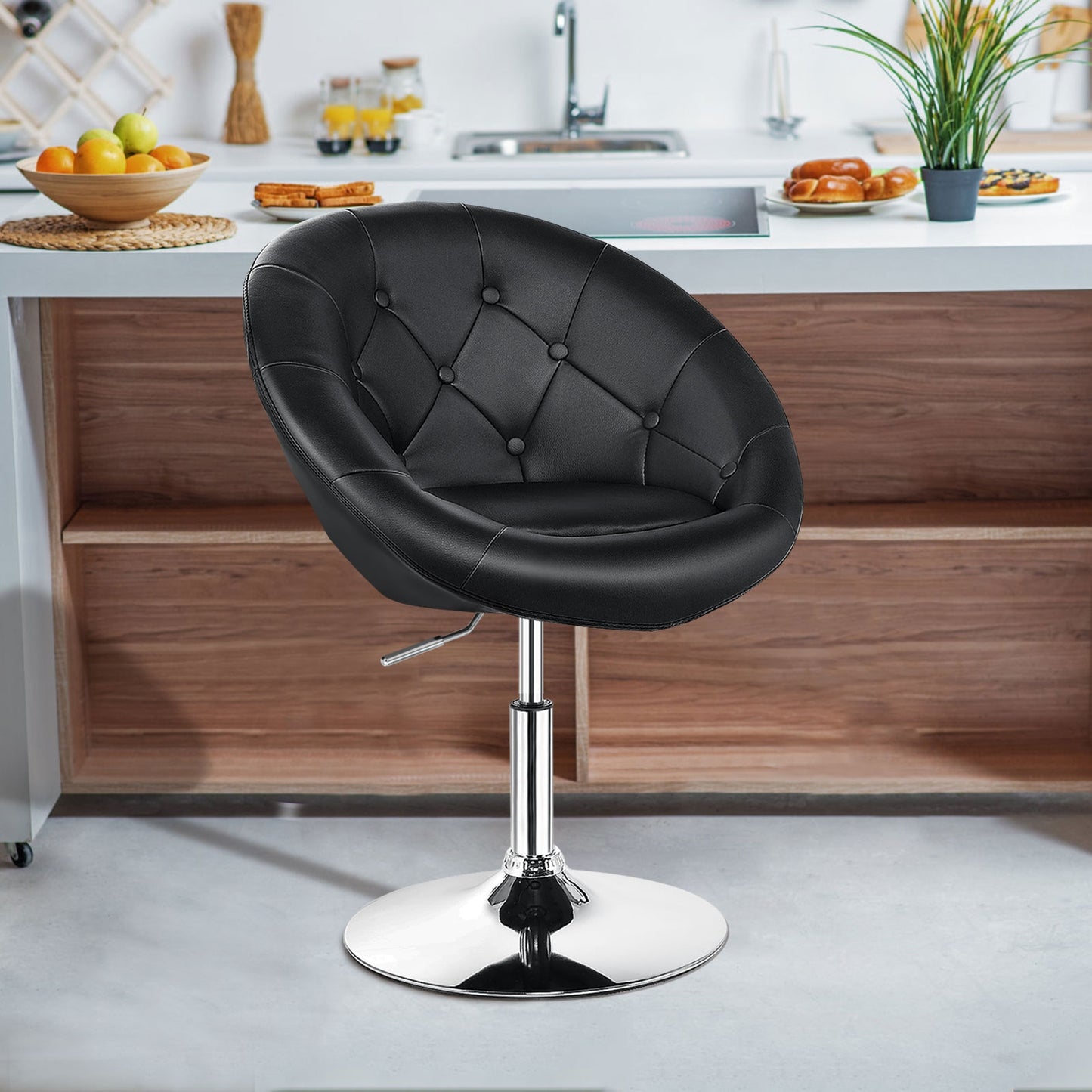 Adjustable Swivel Round Accent Chair - Black PU Leather