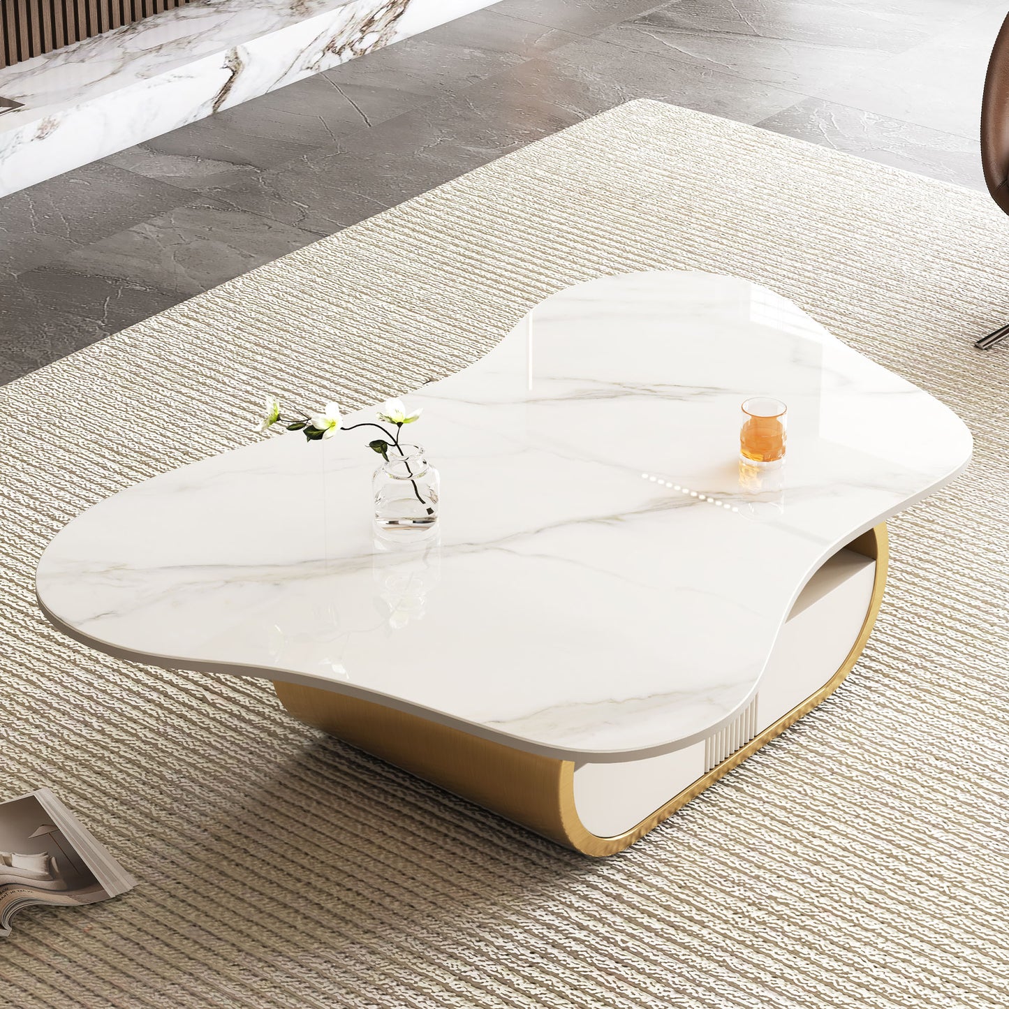 Modern Butterfly Coffee Table with Sintered Stone Top - Gold & White