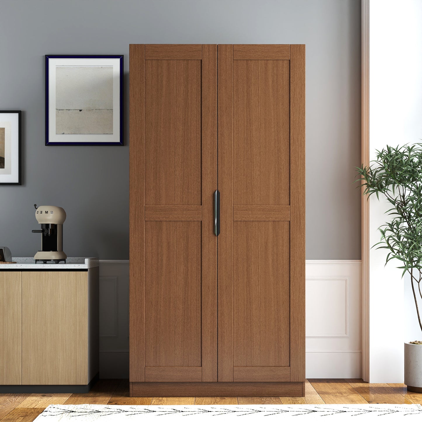 62.99in Walnut Kitchen Pantry Cabinet with Doors & Shelves