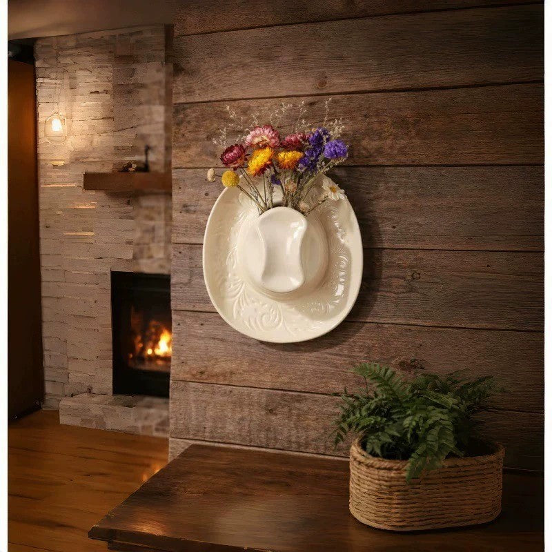 Ceramic Cowgirl Hat Hanging Vase - Home & Garden Decor, Wall Mounted