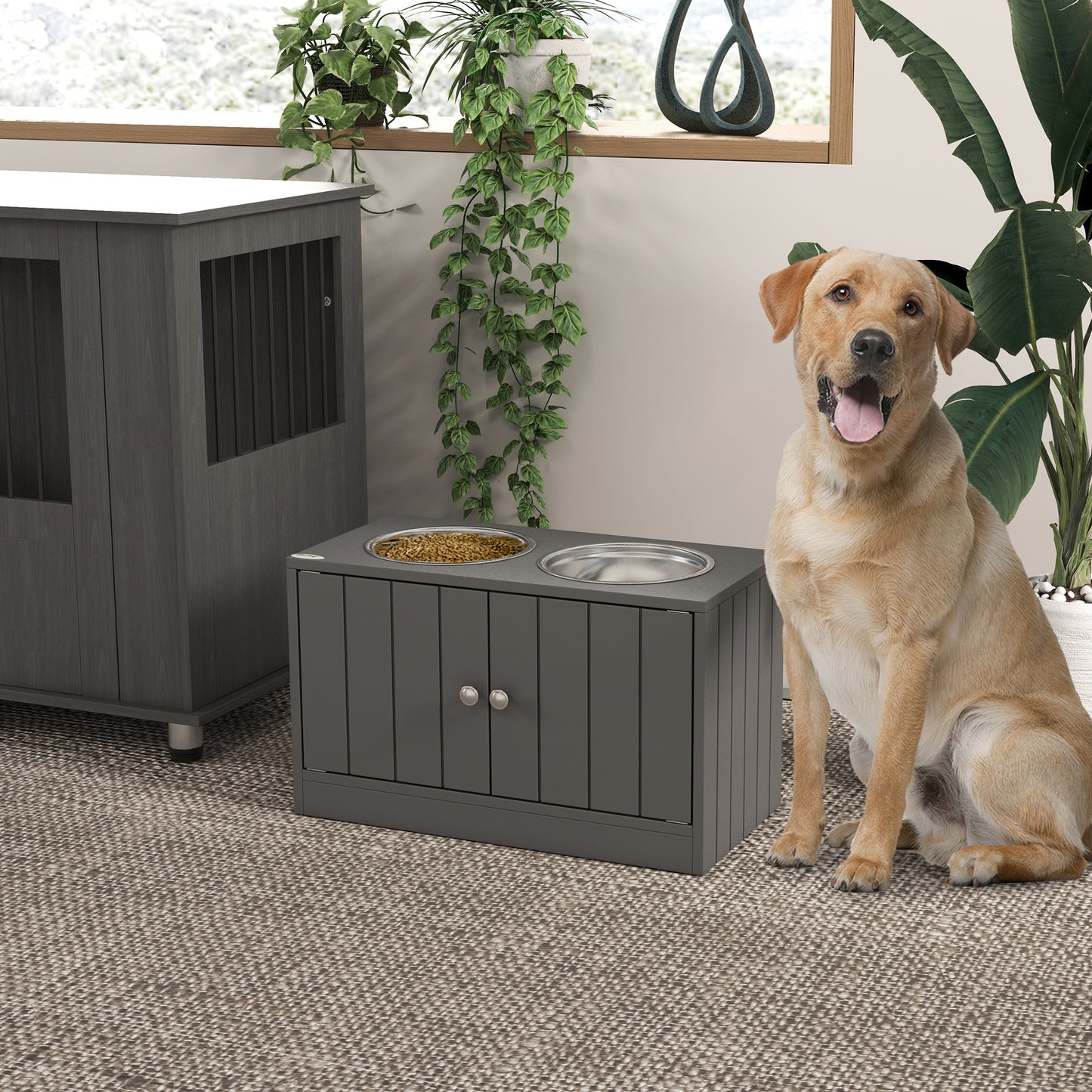 Elevated Dog Feeder with Storage Cabinet - Large 44L Capacity, Gray