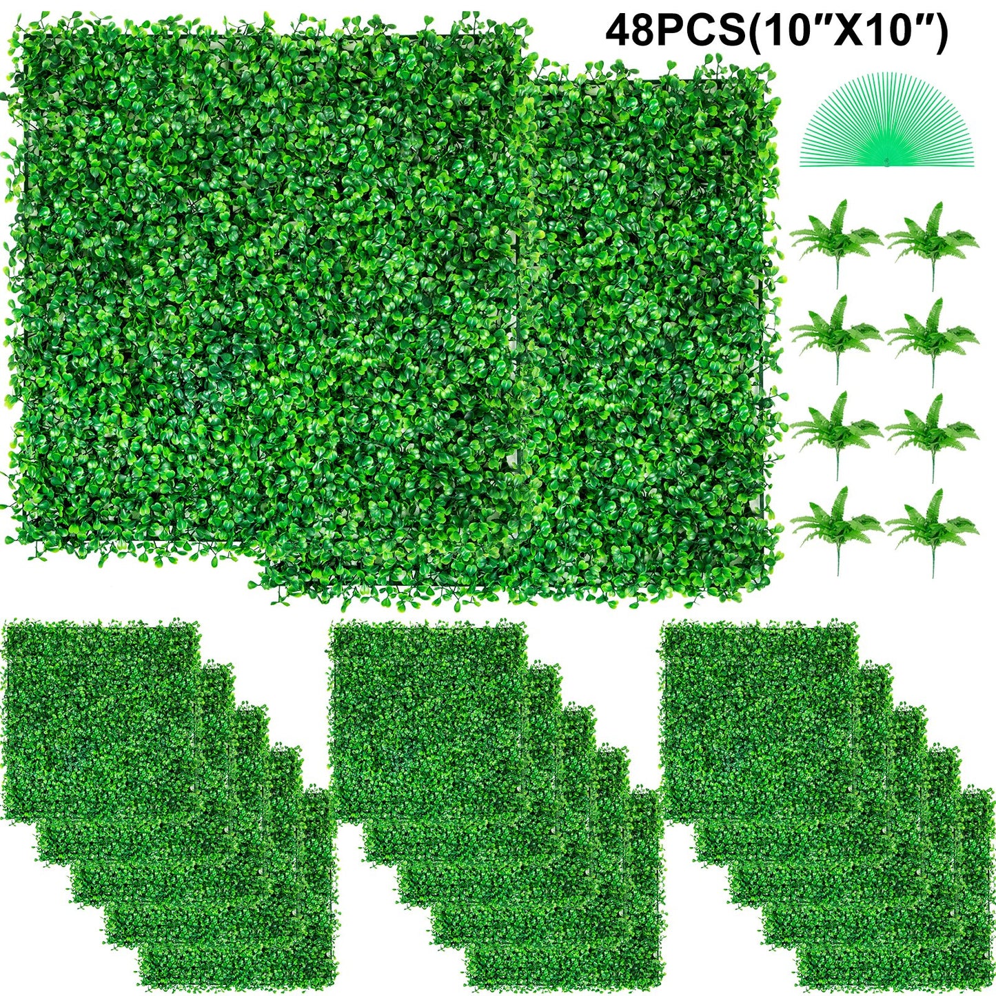 Artificial Boxwood Hedge Wall Panels 48pcs UV Resistant Green Fencing Decor 10x10 Inches