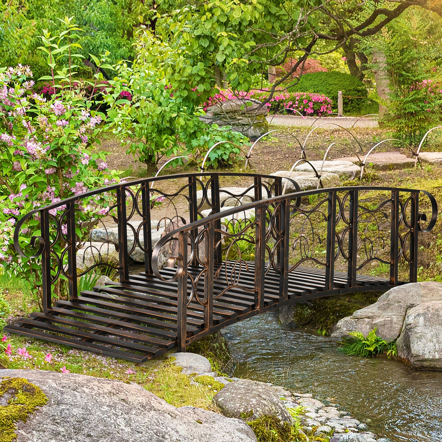 Metal Garden Bridge with Safety Rails & Vine Motifs, 660 lbs Capacity, Easy Assembly