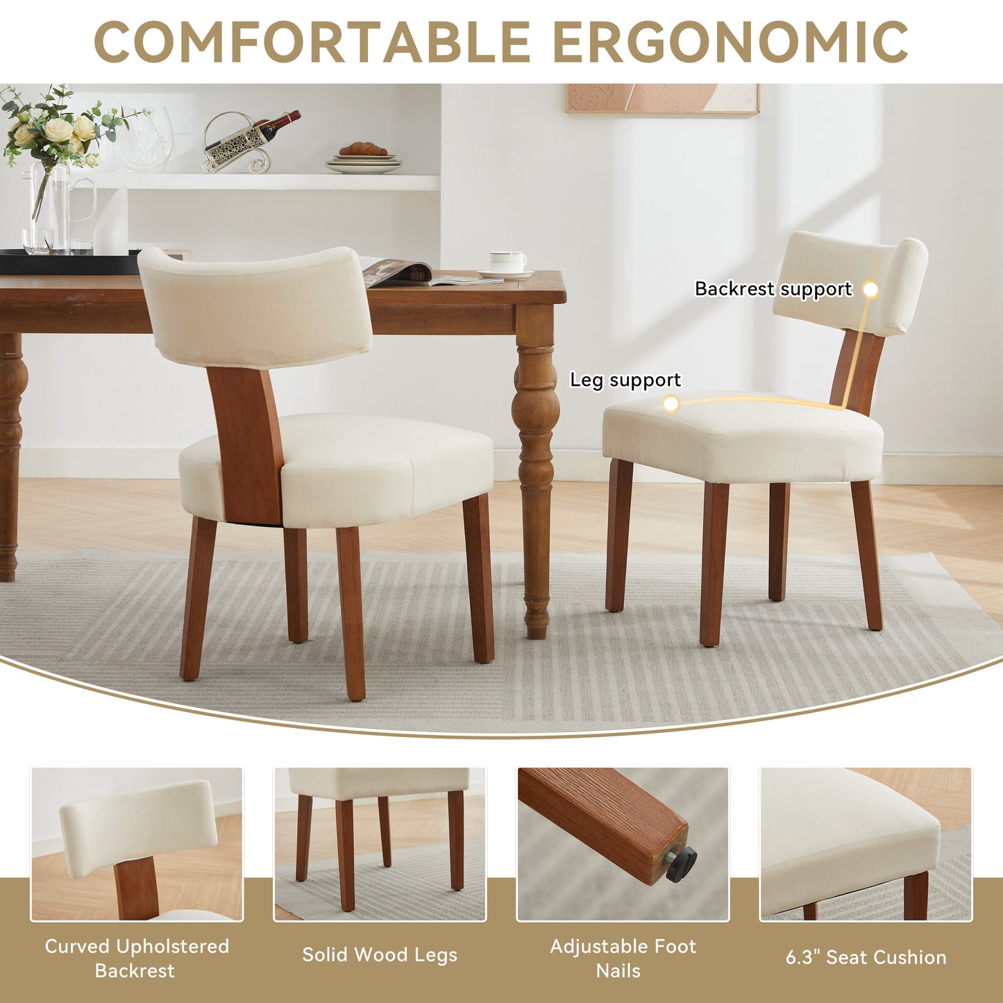 Set of 2 Modern Beige Linen Dining Chairs with Curved Backrest