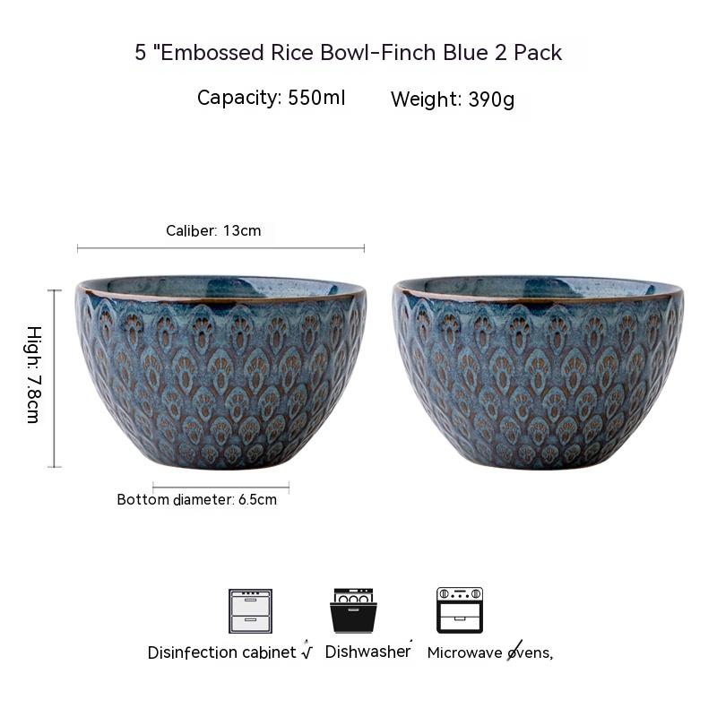 Ceramic Peacock Relief Rice Bowl Set - 5-Inch Kitchen Tableware