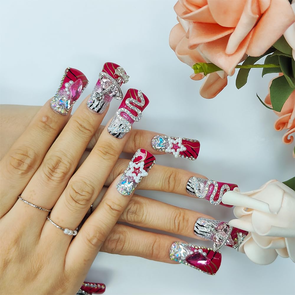 Medium Square Press-On Nails - Scarlet Serpent Design with Stars