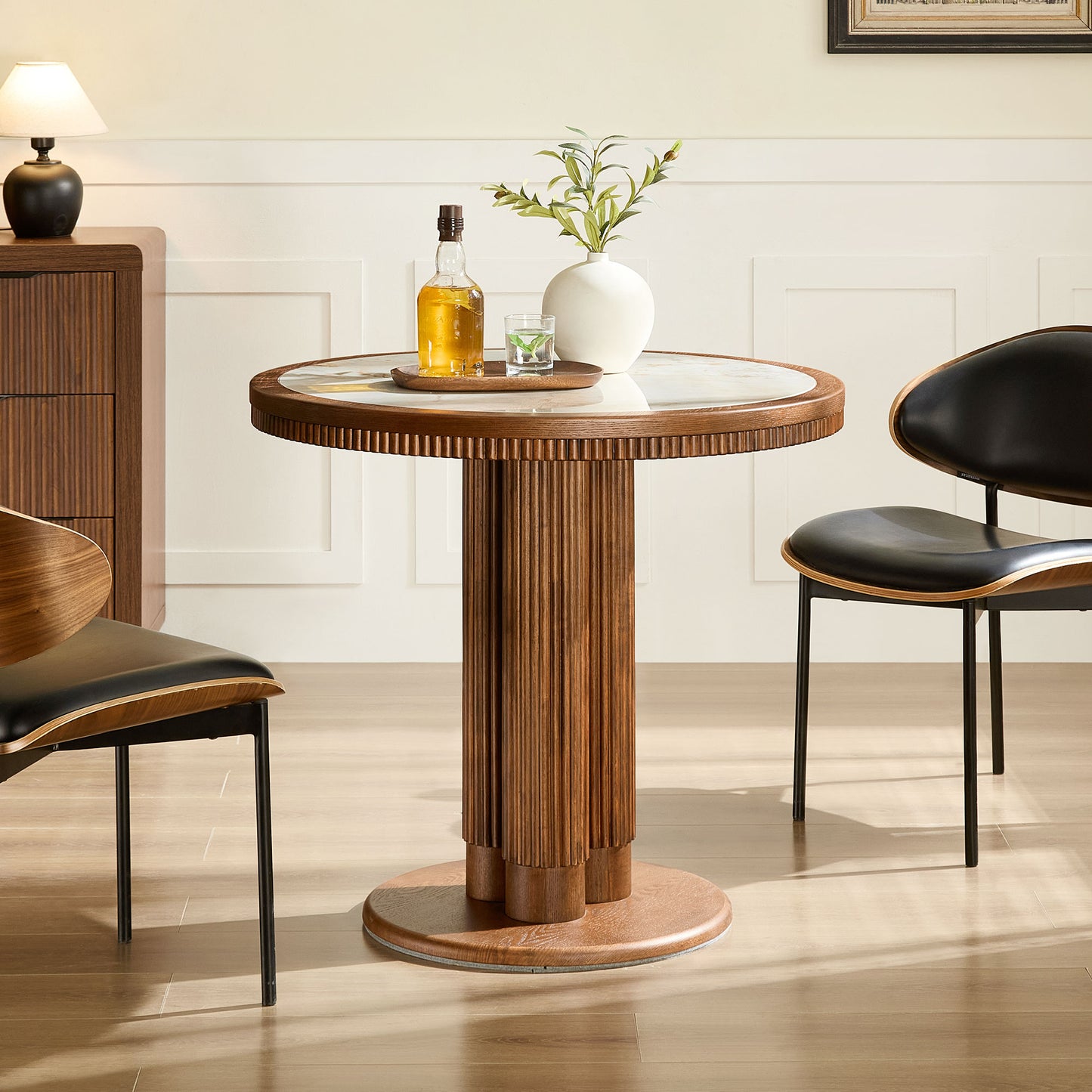 33-Inch Round Dining Table with Sintered Stone Top - Walnut