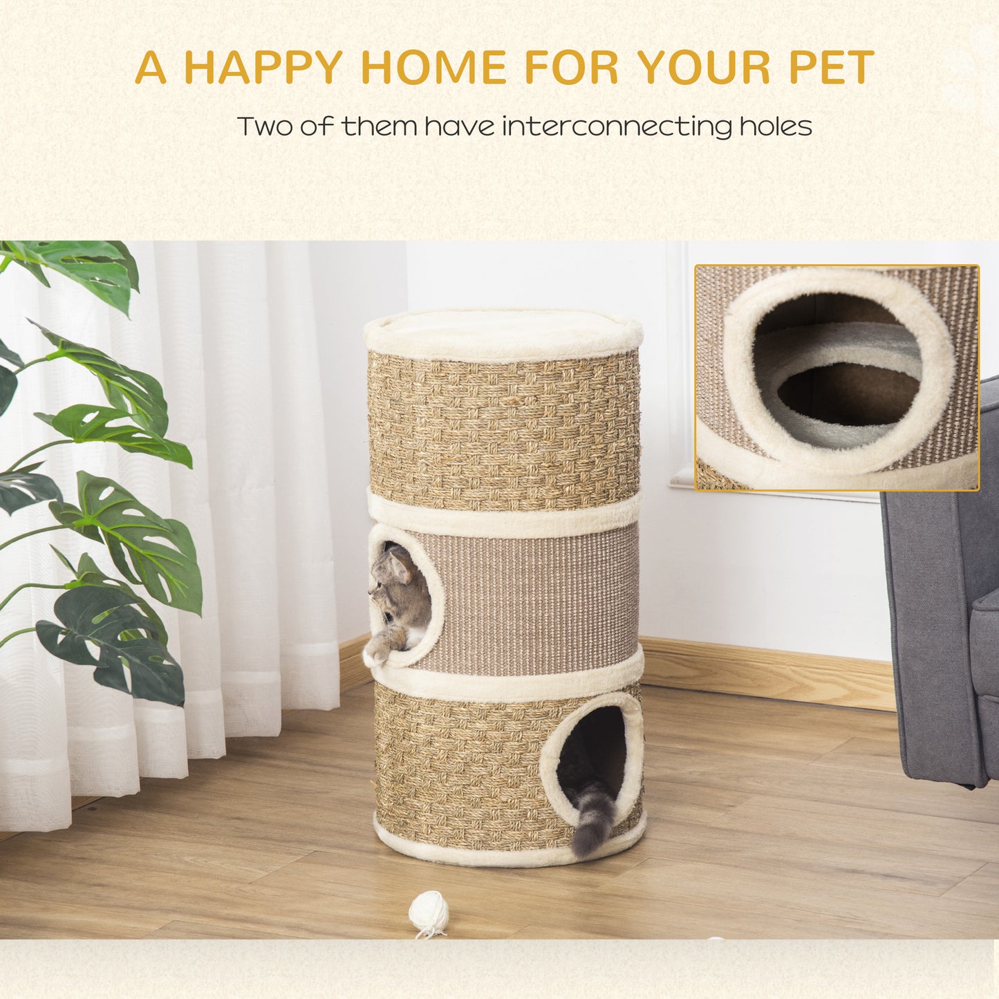 28-Inch Cat Condo Tower with Sisal Scratching Pad and Multiple Hideaways