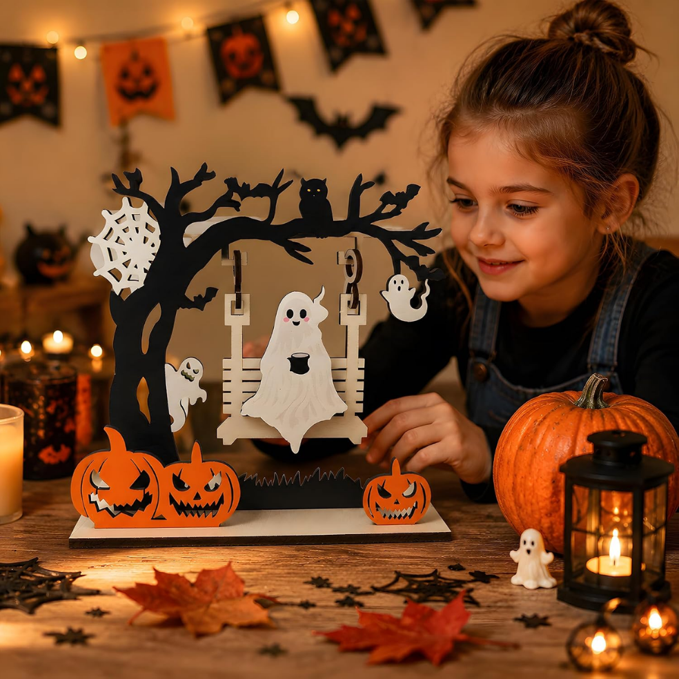 Halloween Ghost Pumpkin Wooden Centerpiece Decor - Black