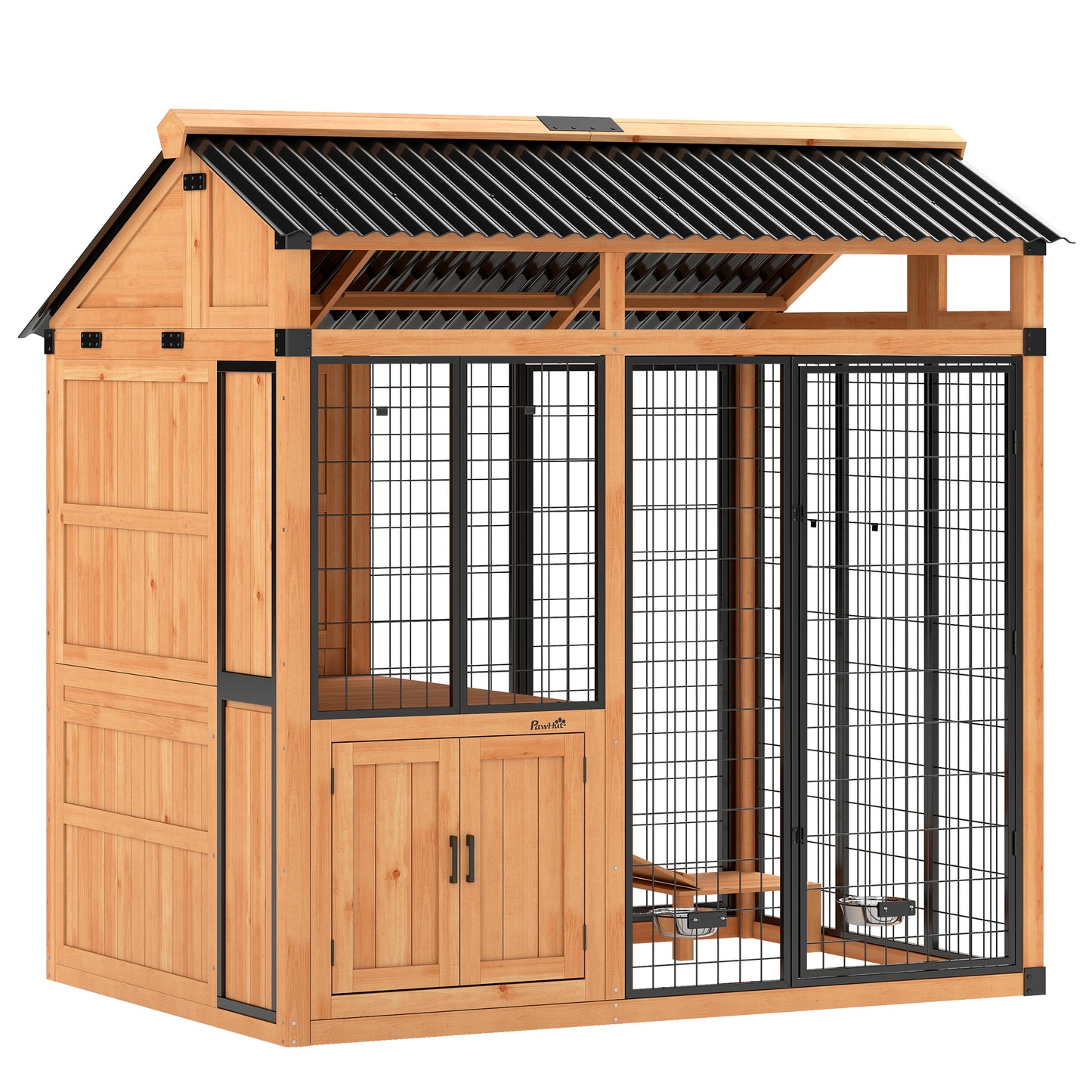 Large Outdoor Dog House with Platform and Storage Cabinet - Weatherproof Wooden Kennel