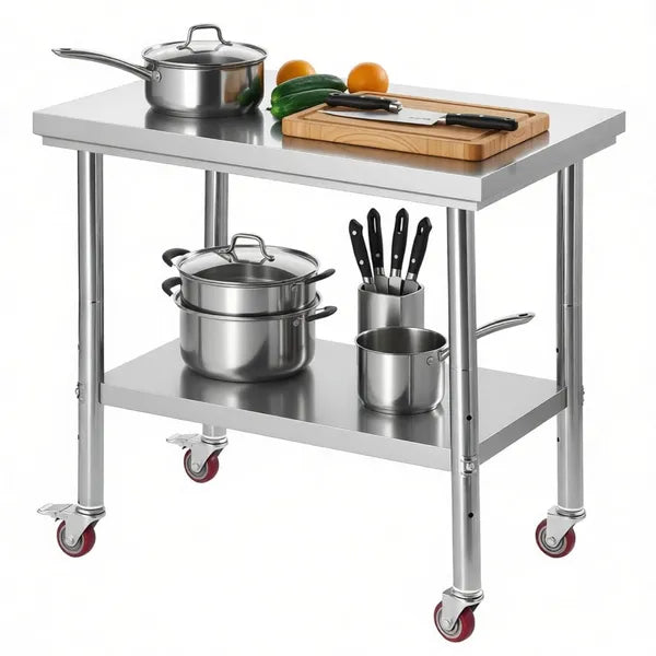 Sleek Metal Work Table With Adjustable Height And Shelf For Kitchen