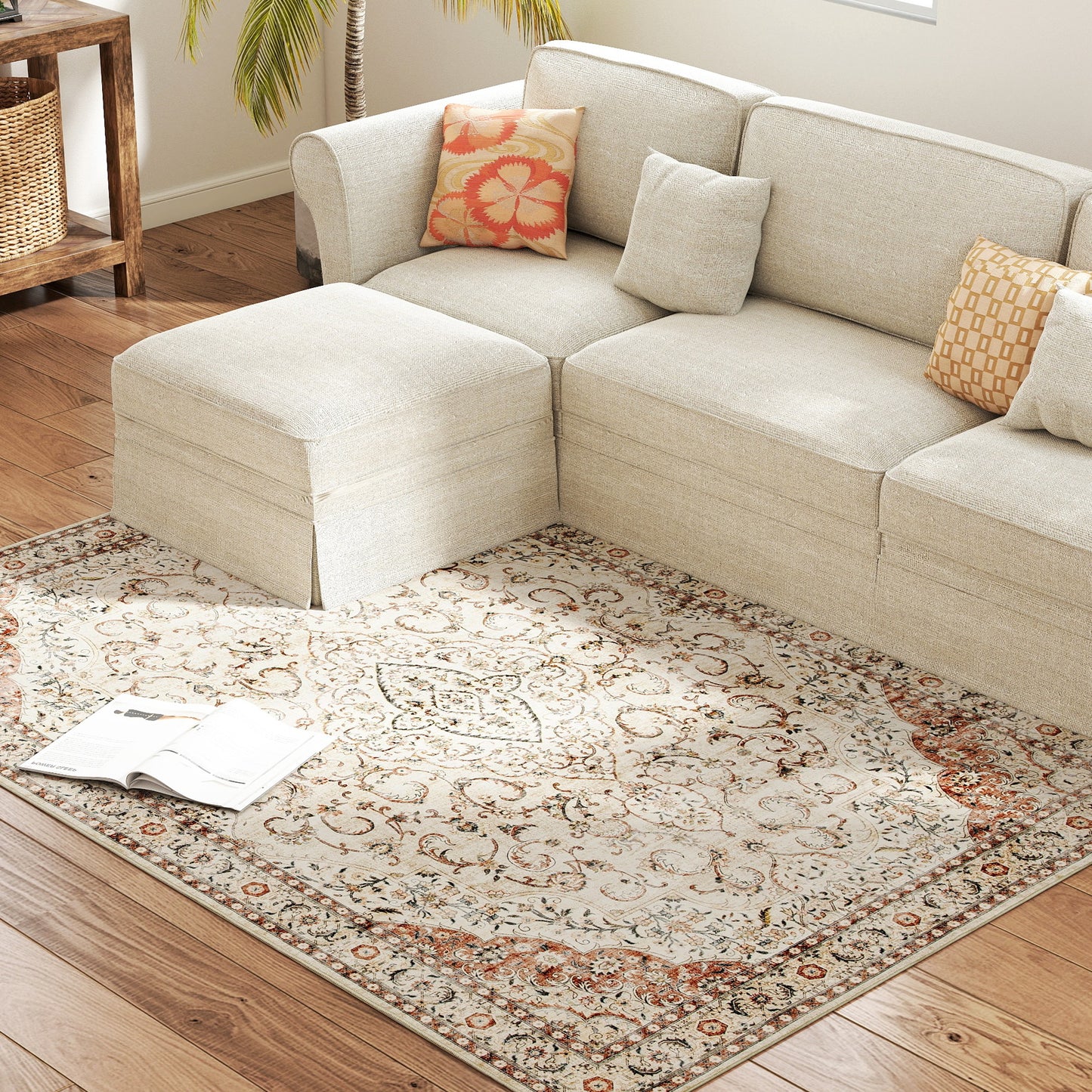 Machine Washable Floral Area Rug 4x6 - Non-Slip Mixed-Brown