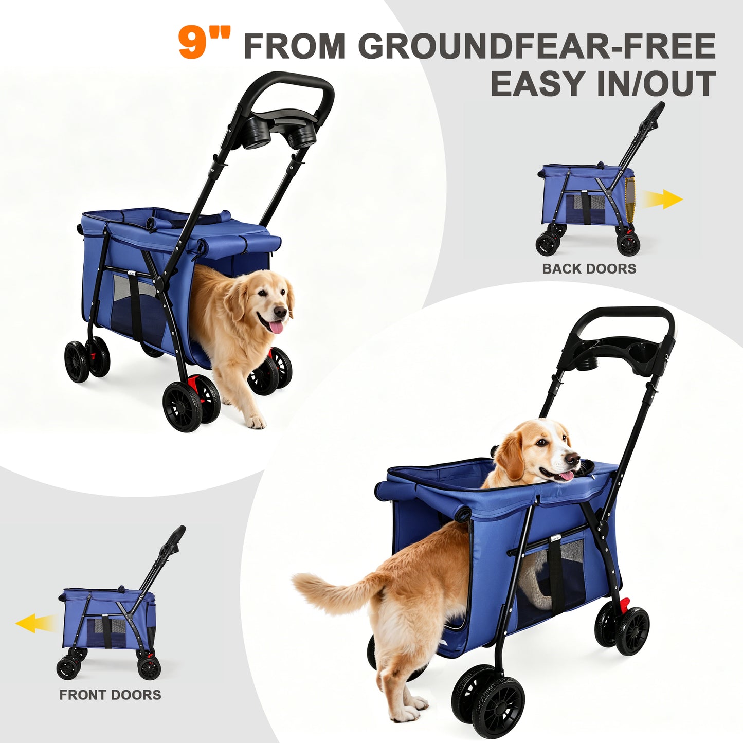 Foldable Pet Stroller with Breathable Mesh & Shockproof Wheels - Navy Blue