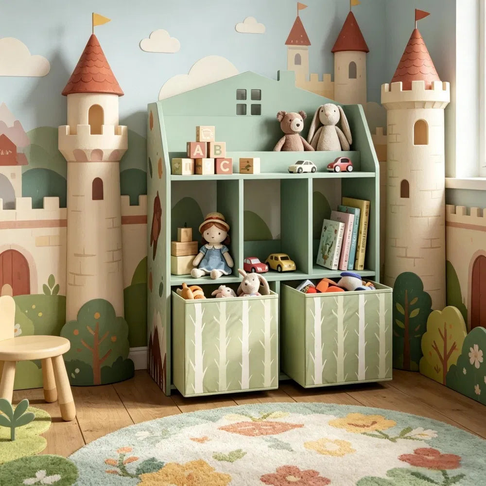 Kids Bookshelf with Storage - Fun House Shape, 36" Tall