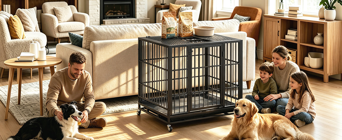Heavy Duty Dog Crate with Lockable Wheels - Indoor Outdoor Metal Kennel, Perforated Top