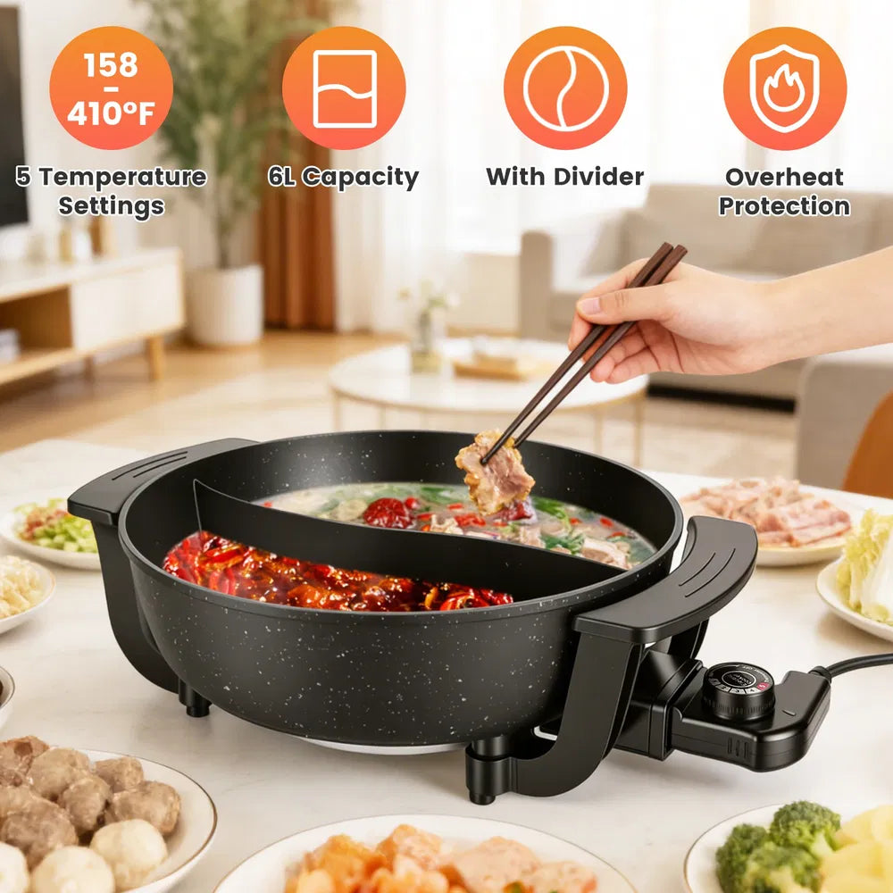 6L Electric Hot Pot with Divider - Adjustable Temperature Fondue Cooker