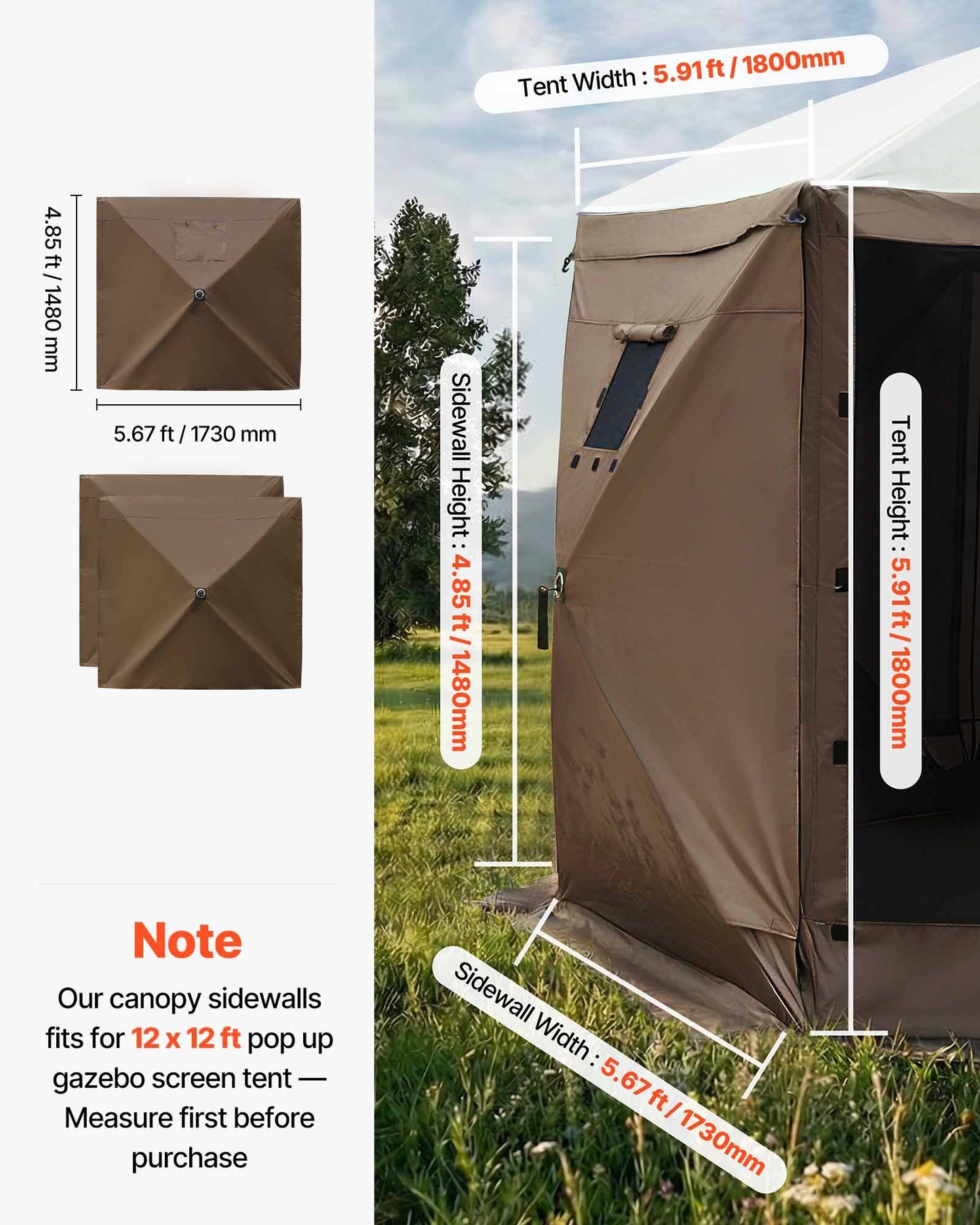 Waterproof Canopy Sidewalls for 12x12 ft Gazebo - Sunlight & Weather Protection, Black