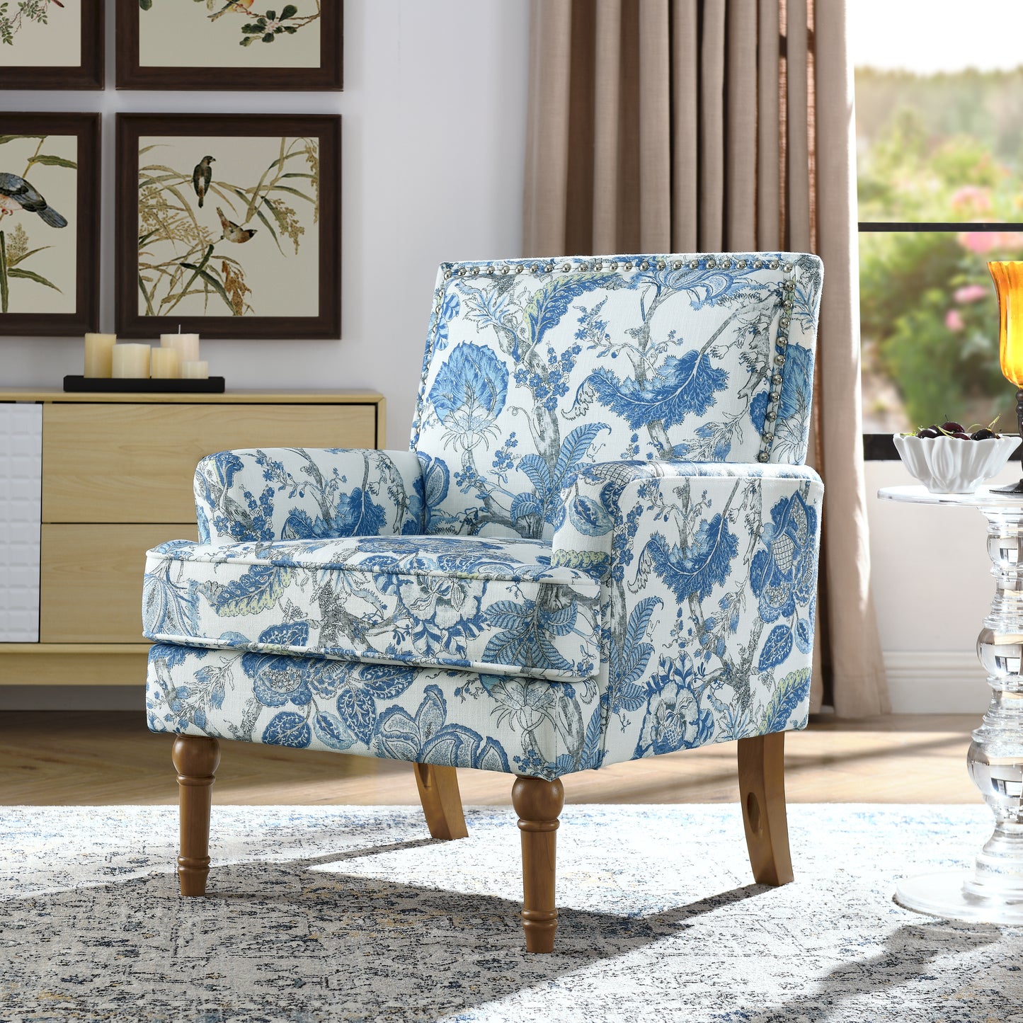 Floral Accent Chair with Nailhead Trim - Blue & White
