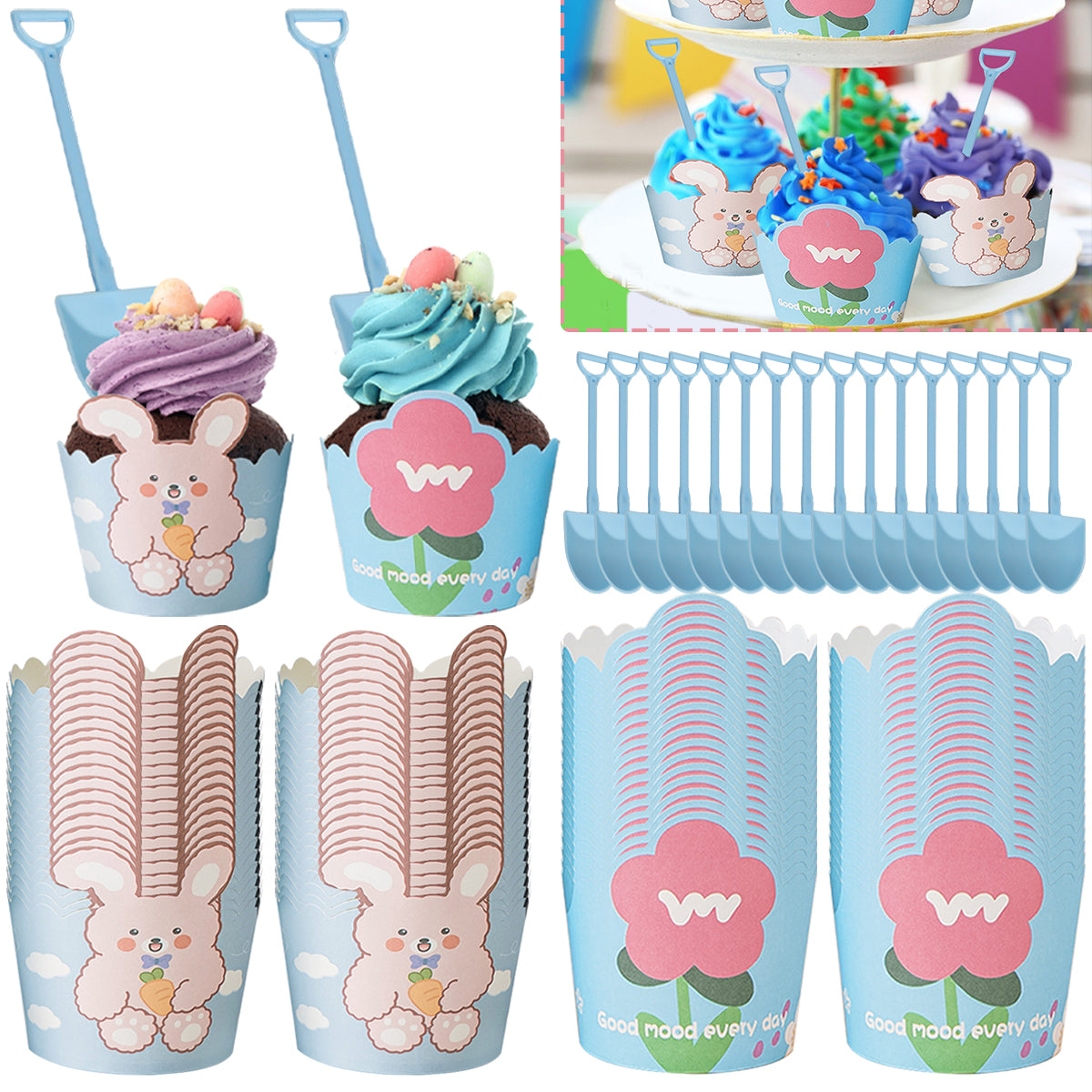 Cute Bunny Flower Cupcake Liners with Spoons - 100 Pcs Set