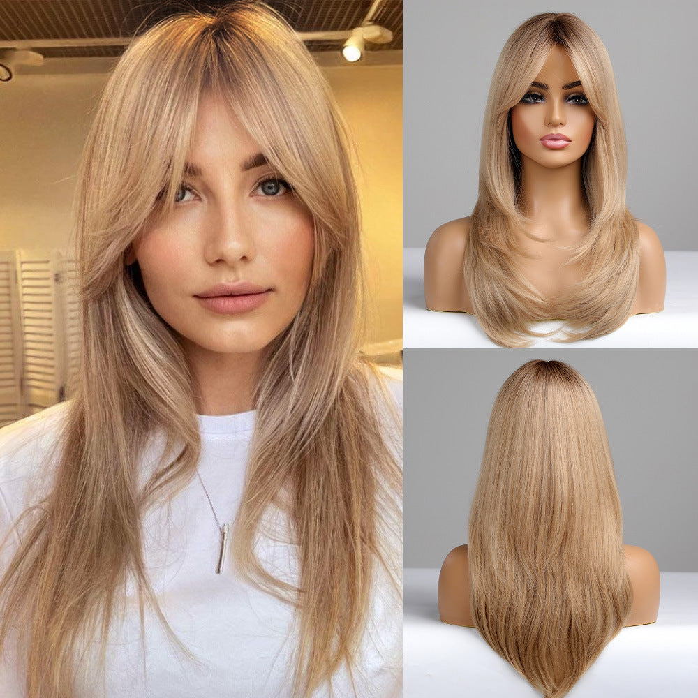 Mid-Length Straight Hair Wig with Gradient Colors for Ladies - Synthetic Fiber, Multiple Shades