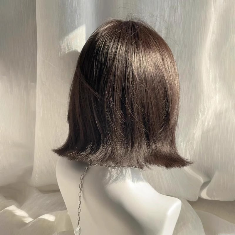 Lightly Curled Synthetic Wig Set with Blunt Bangs - Natural Look for Women