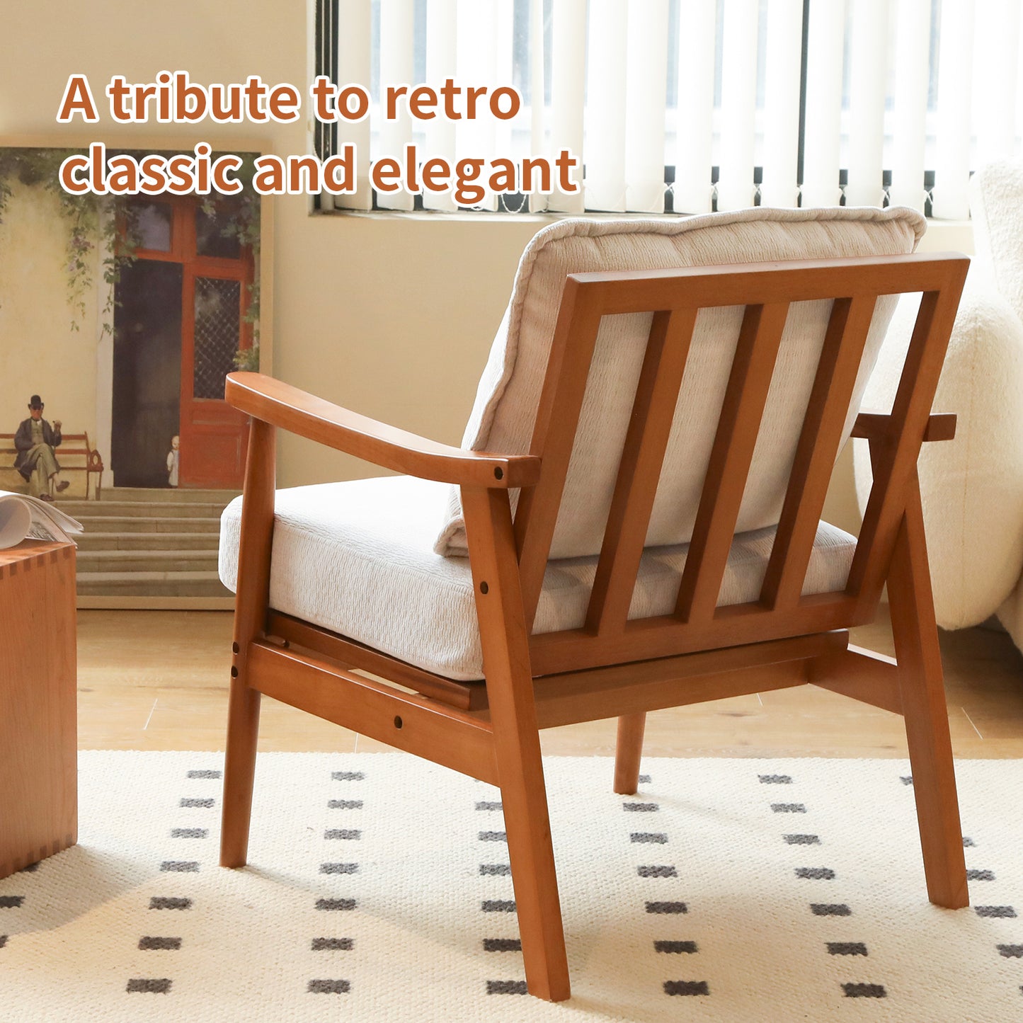 Accent Chair with Solid Wood Frame - White Fabric Cushion