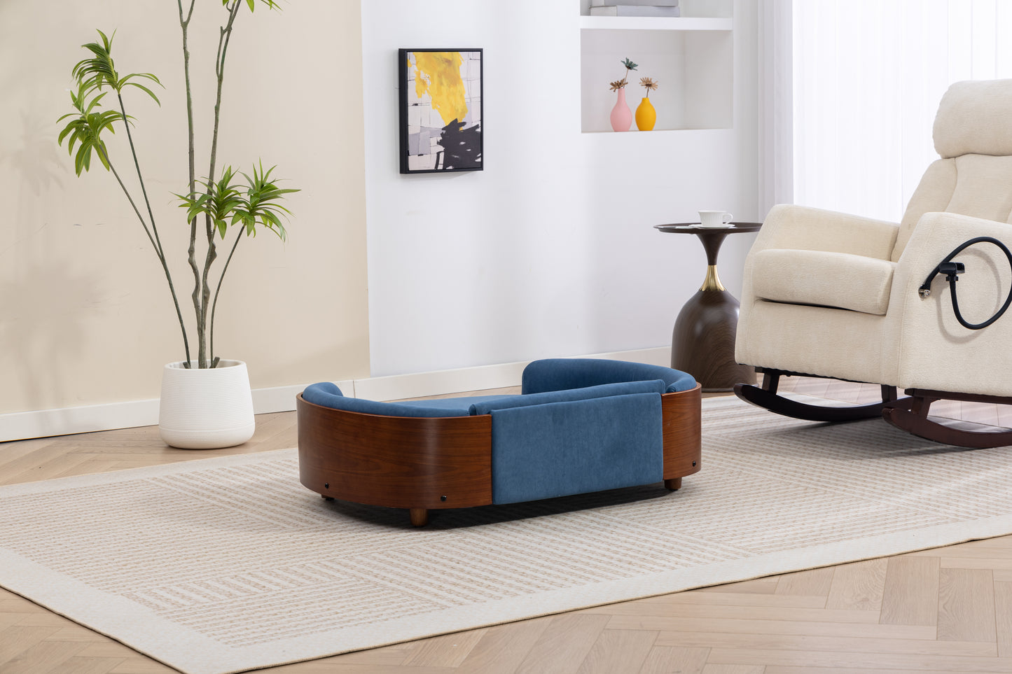 Large Scandinavian Style Elevated Dog Bed with Velvet Cushion and Solid Wood Legs