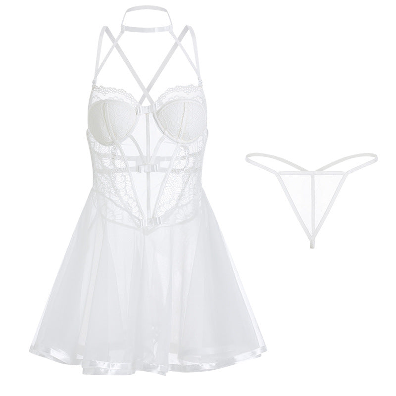Sexy Steel Ring Gathered Pajamas Set for Role Play Lingerie
