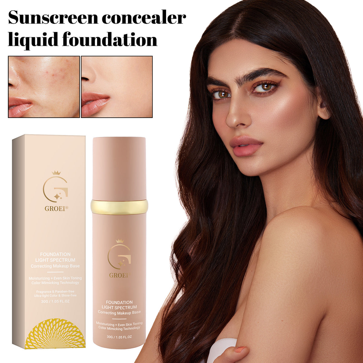 Waterproof Face Foundation with Concealer & Moisturizer 30ml - Durable Smear-Proof Makeup