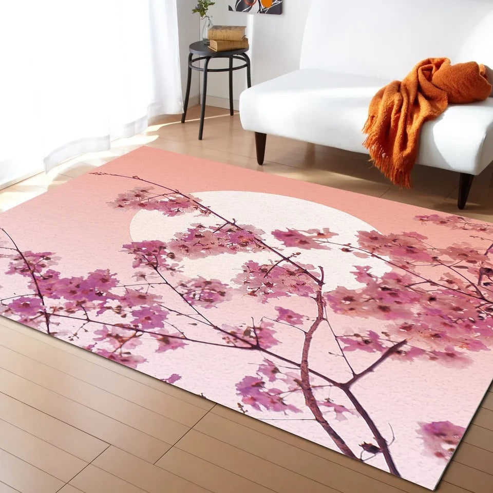 Pastel Cherry Blossom and Crescent Moon Non-Slip Flannel Floor Mat - Home Rug