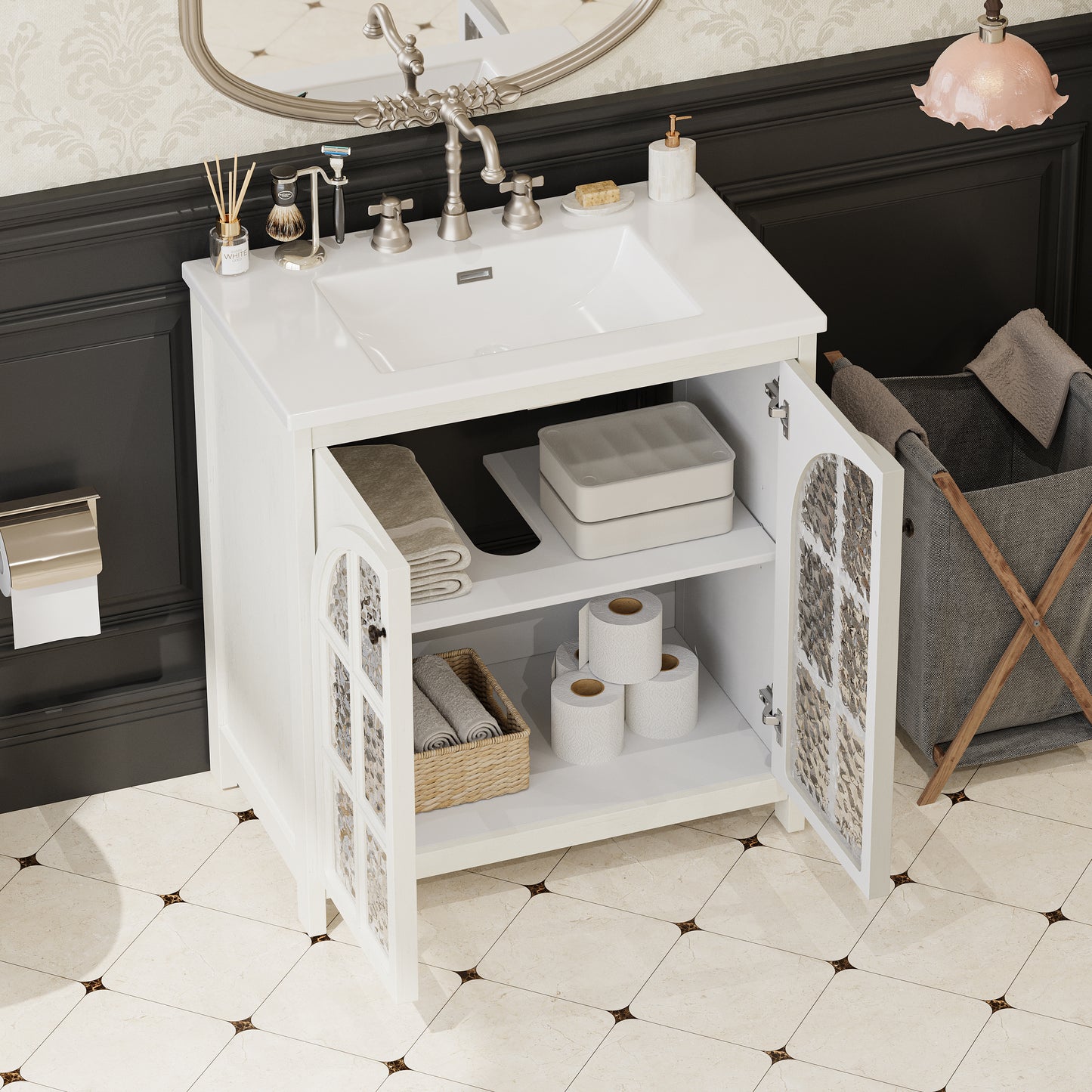 30-Inch Vintage Rustic Bathroom Vanity with Ceramic Sink - Antique White