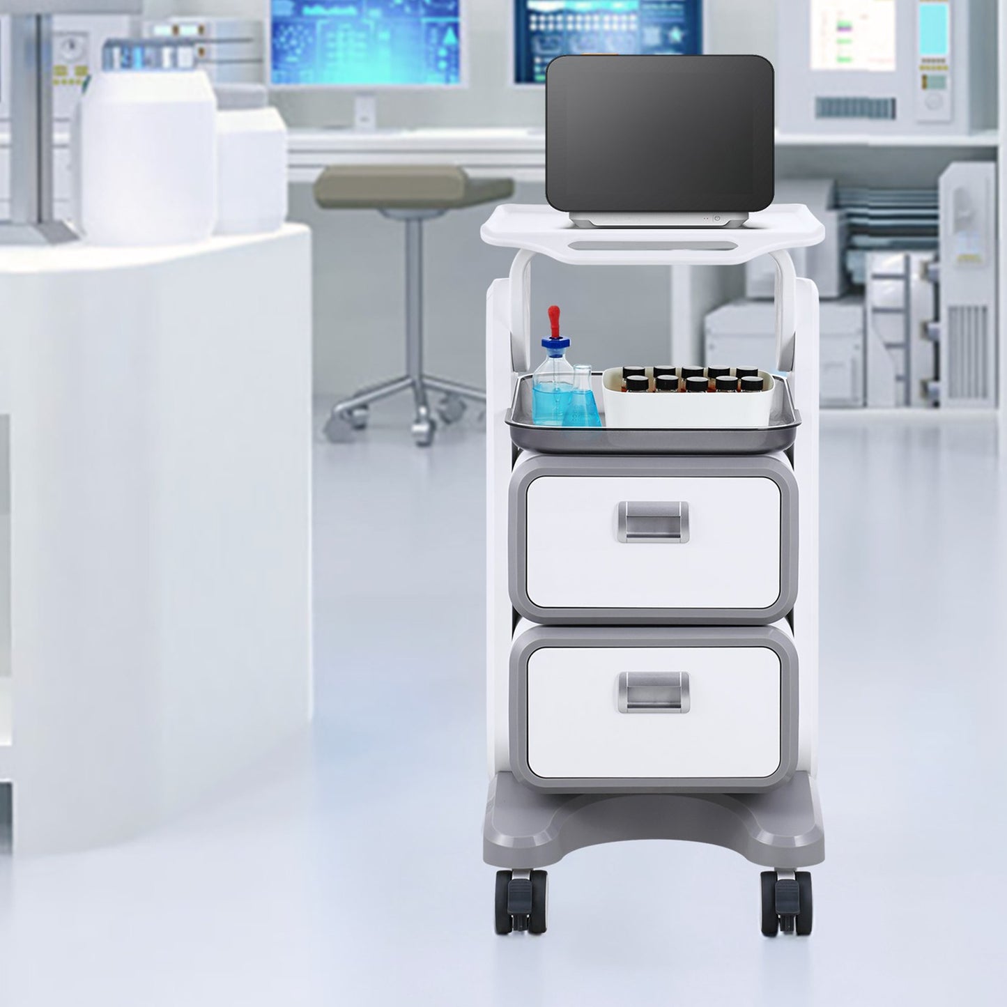 Mobile Medical Cart with 3 Tiers, 2 Drawers & Top Tray - Grey