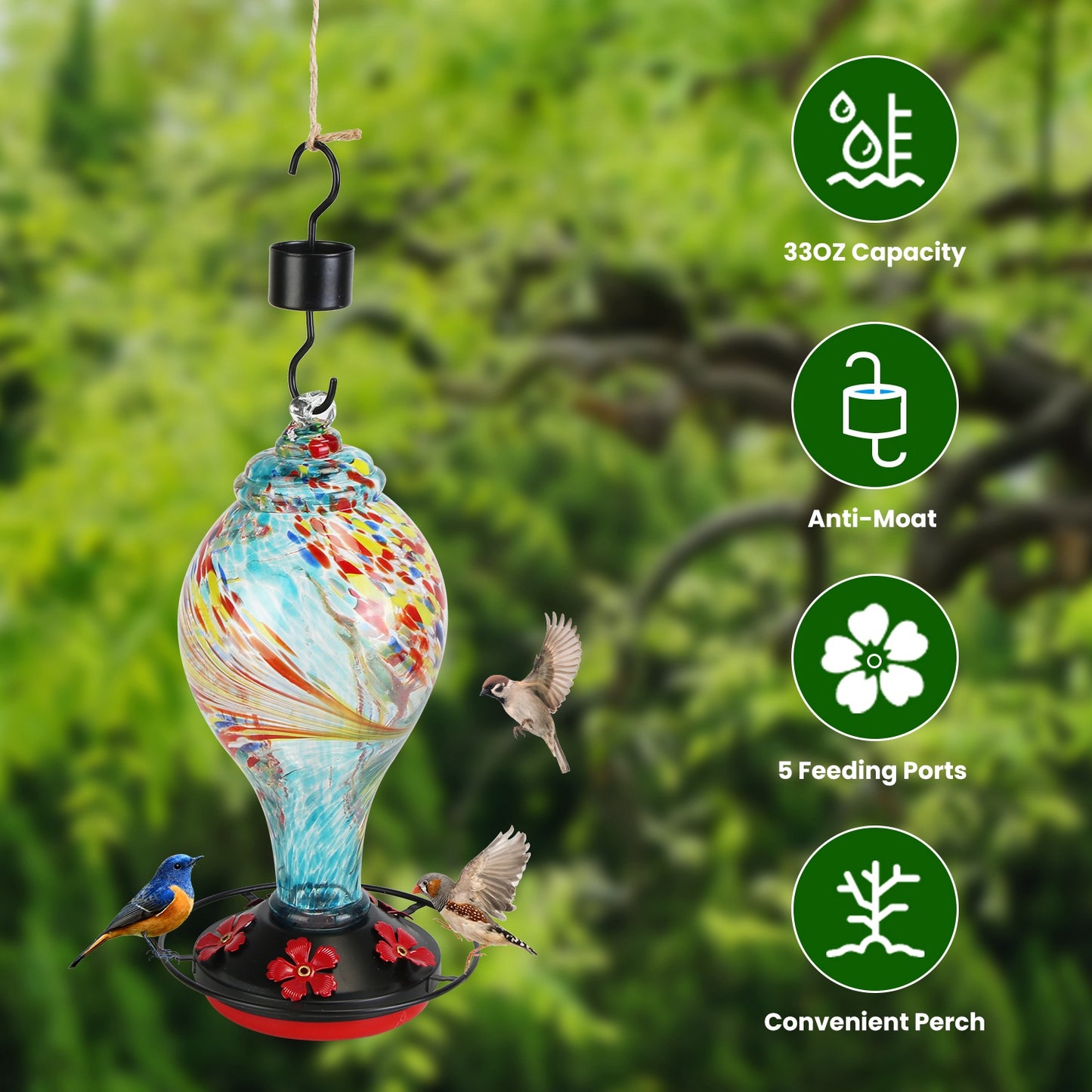 Glass Hummingbird Feeder 33OZ with 5 Flower Feeding Ports & Ant Moat - Garden Decor