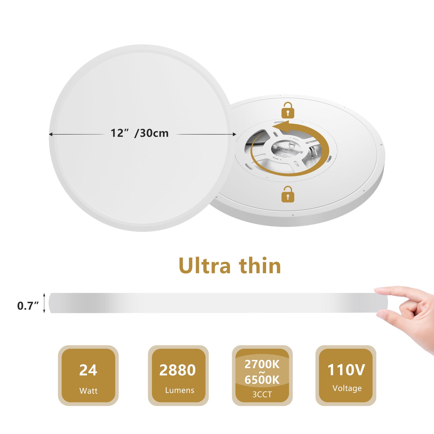 12-Inch Dimmable LED Flush Mount Ceiling Light - 2880 Lumens, Color Selectable