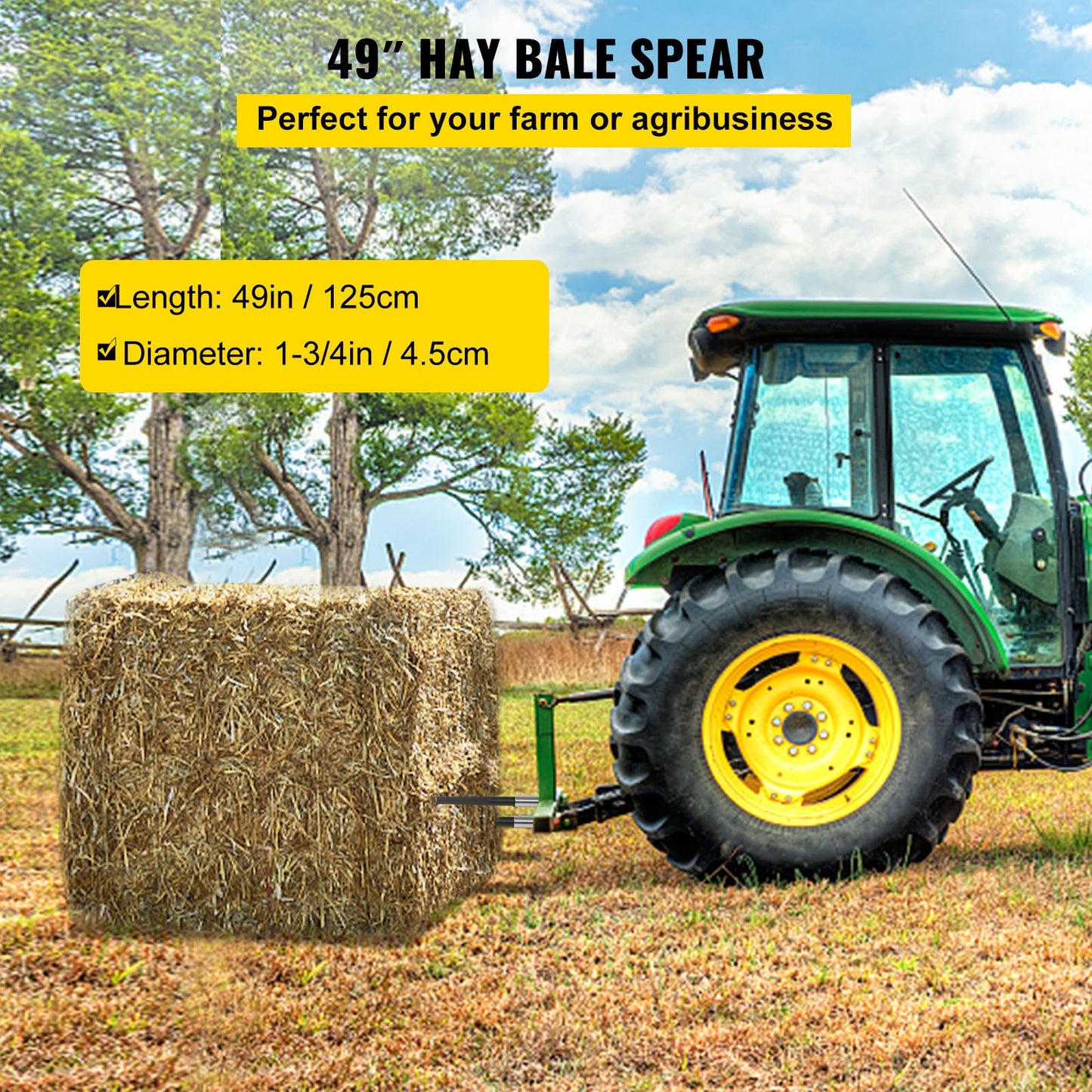 49-Inch Hay Bale Spear with 4000 Lb Capacity - Black Square Hay Fork for Tractors & Loaders