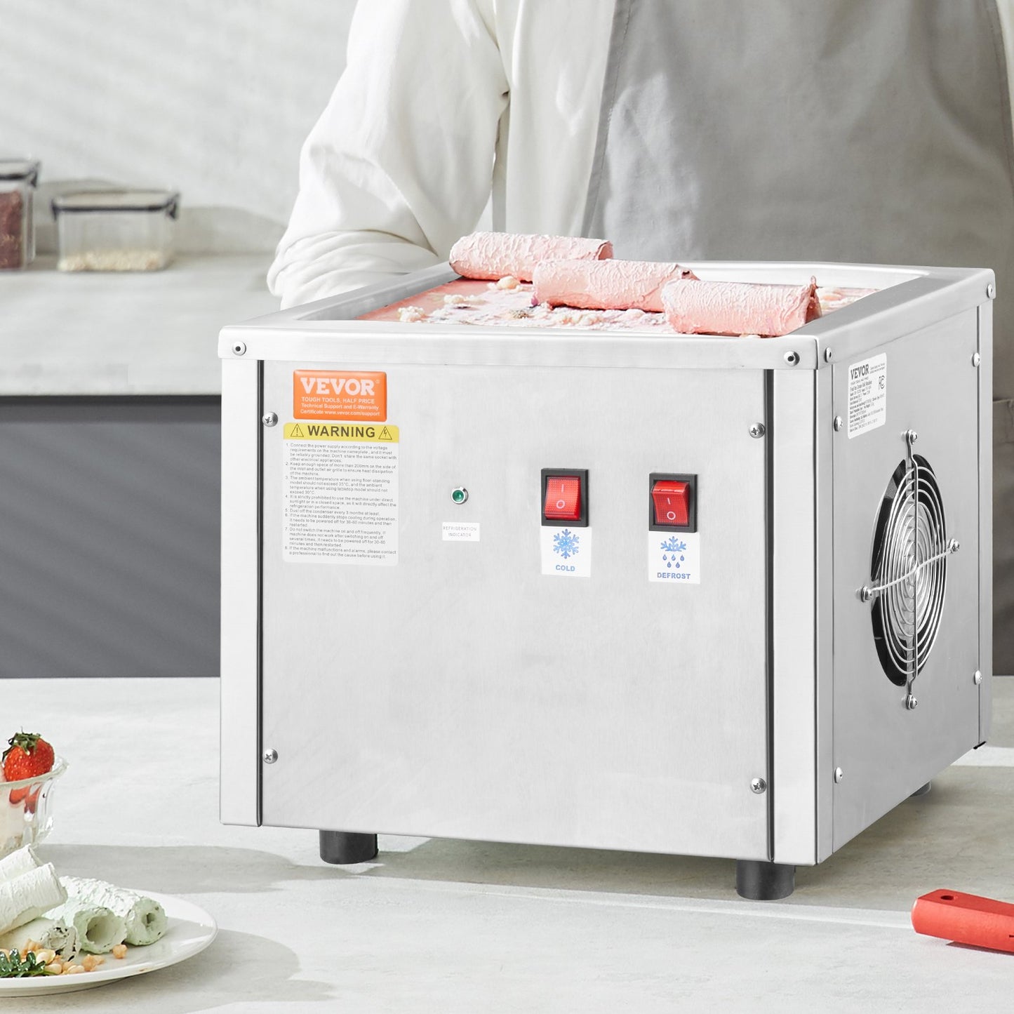 Ice Cream Roll Machine 11x9.5 Inch Stainless Steel Frozen Yogurt Maker with Compressor & 2 Scrapers - Silver