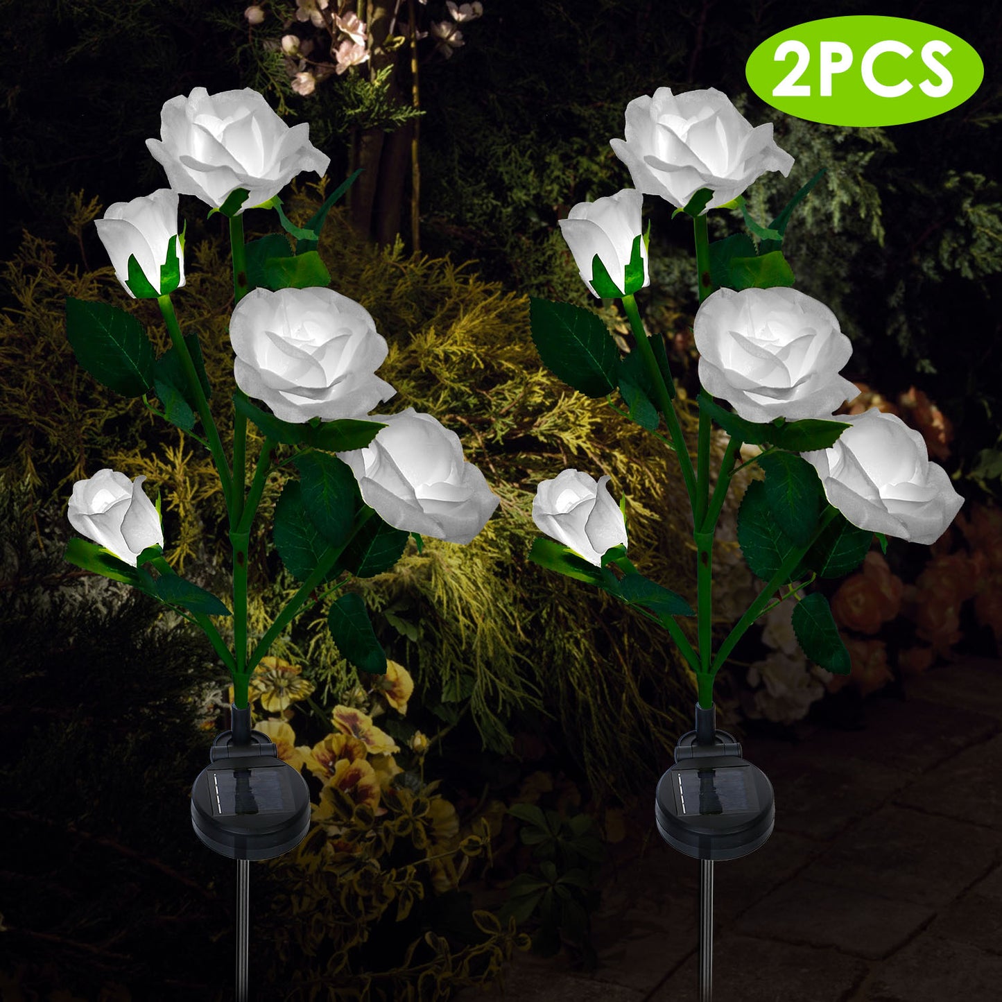 Solar Powered Rose Flower LED Lights - 2Pcs Outdoor Decorative Lamps